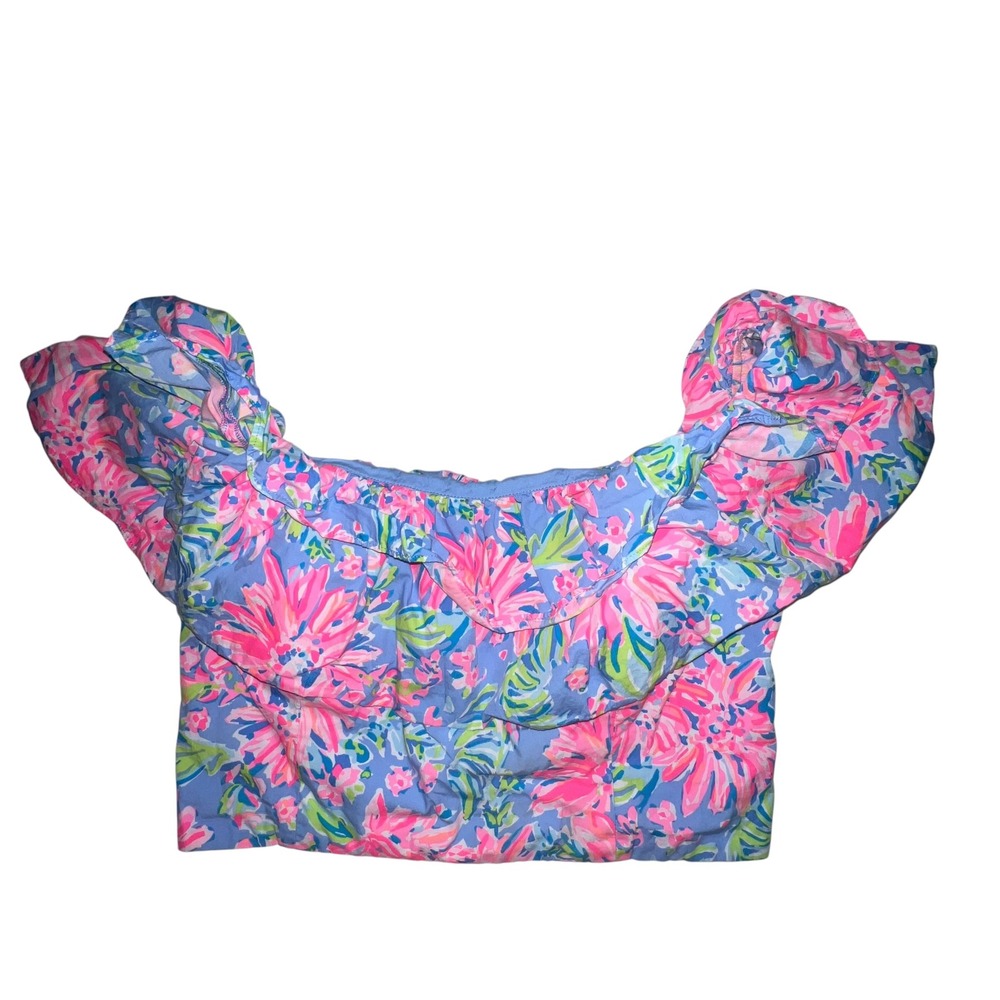 Lilly Pulitzer Mayslie Ruffle Crop Top Pink Blue Peri Sunrise Bay Women Size 10